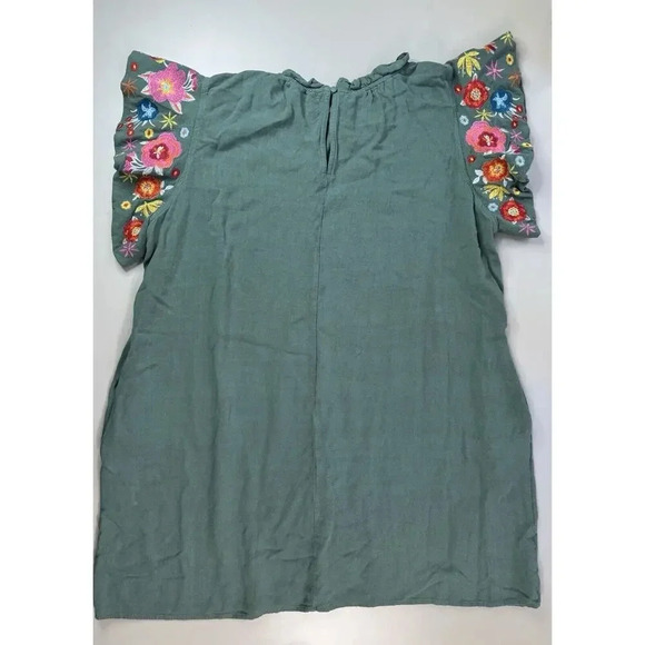 Embroidered Womens Linen Dress 1Sz Green Lagenlook Artsy Cottagecore Boho Hippie - Picture 8 of 16